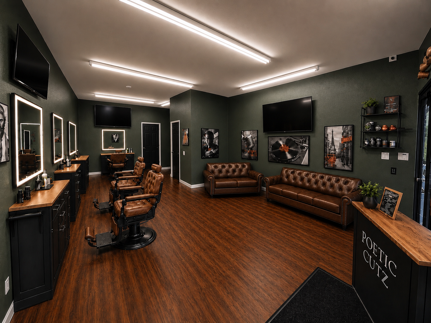Wide view of the Poetic Cutz lounge with leather sofas and barber stations