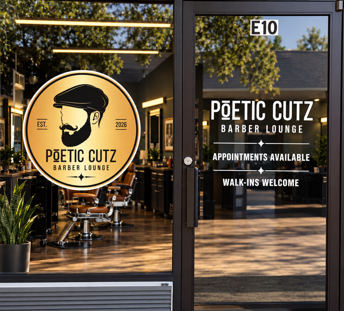Front door of Poetic Cutz Barber Lounge in unit E10 with the shop's brass logo and hours