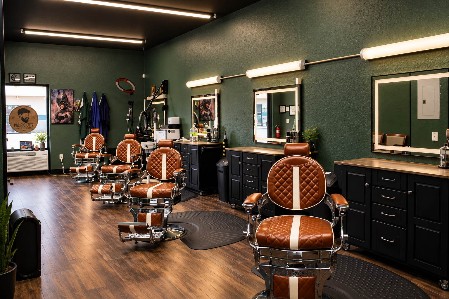 Interior of Poetic Cutz Barber Lounge with green walls, leather barber chairs and warm wood floors